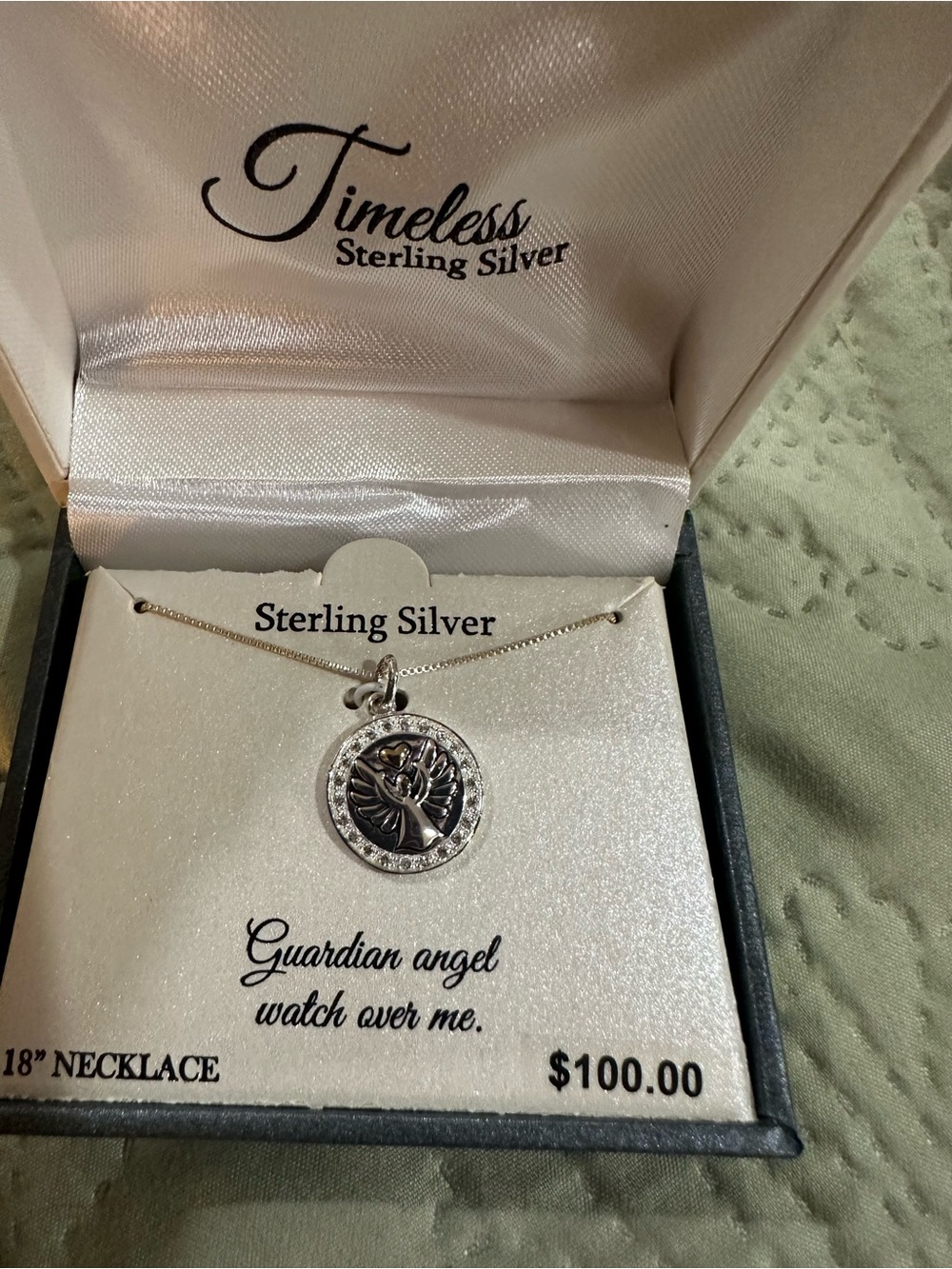 Sterling Silver Guardian Angel Pendant 18” Chain New in Bix